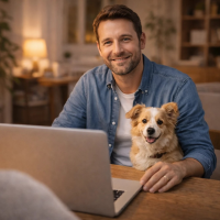 Persoon aan laptop die hondenprofielen bekijkt