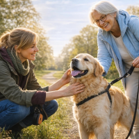 Wandelaar ontmoet een hond en baasje voor een eerste kennismaking