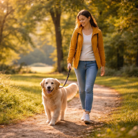 Wandelaar wandelt rustig met een hond in het park