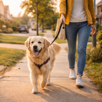 Hond aan de leiband in een rustige woonwijk